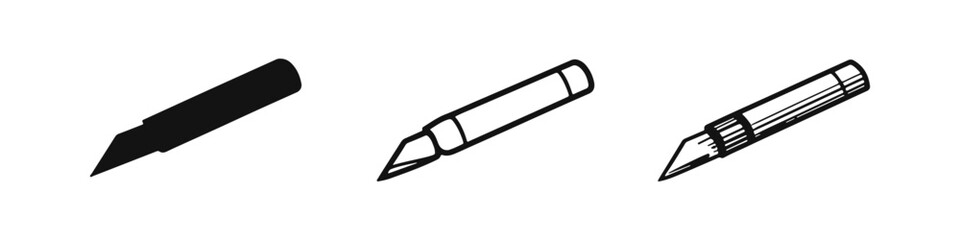 Fototapeta premium Utility Knife Icon Set: Versatile Box Cutter, Craft Knife, and Retractable Blade Symbols in Three Styles