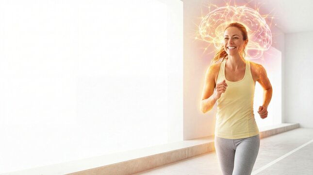 Woman with glowing brain and body running. Concept of mental wellness, brain health, and positive energy for active lifestyle.