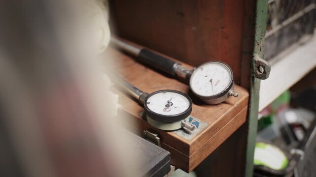 Precision analog dial indicator gauges resting in a wooden case on a metal workshop shelf with shallow depth of field.
