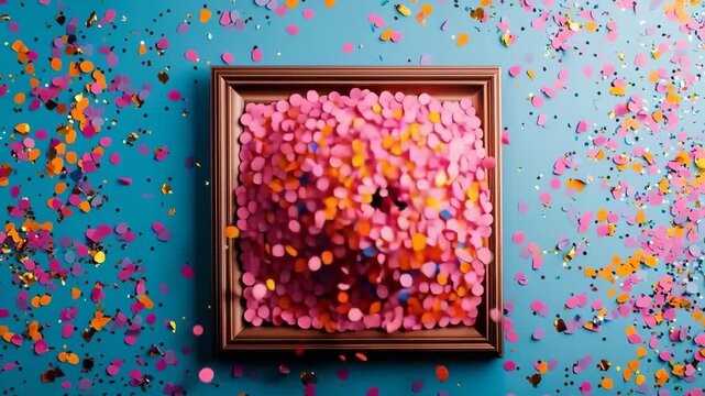 A picture frame surrounded by confetti, A photo frame mounted on a blue wall
