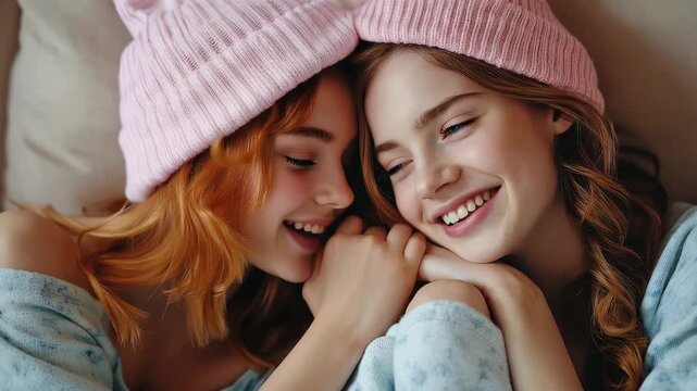 Two friends enjoying a cozy pajama party together at home while wearing matching pink hats and smiling in a relaxed environment during the evening