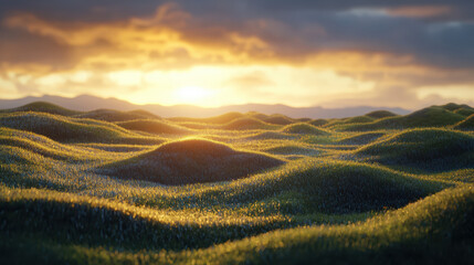 Fototapeta premium Golden sunlight bathes rolling green hills covered in grass, creating a serene and picturesque landscape under a vibrant, cloudy sky at sunset, peaceful scene.