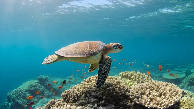Smooth underwater tracking video. A majestic green sea turtle swimming gracefully over a vibrant, highly detailed coral reef teeming with tiny colorful tropical fish. The camera glides alongside the t