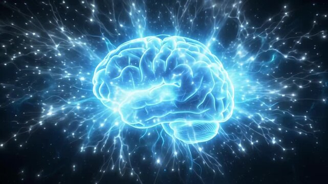 Luminous Electric Blue Human Brain With Glowing Neural Network And Sparks On Deep Dark Void Background, optimized for AI technology videos.