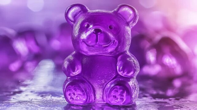 Vibrant purple gummy bear, A vibrant purple gummy bear, glossy and shaped like a traditional bear