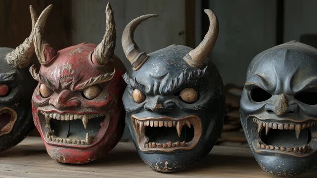 vintage Japanese demon masks with devil horns, Vintage Japanese demon masks showcasing detailed craftsmanship and striking devil horns