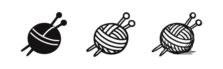 Yarn ball with knitting needles icon set in three distinct styles, representing craft and hobby.