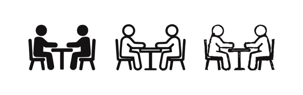 Two people sitting at a table icon set, depicting various styles of meeting, discussion, or interview.