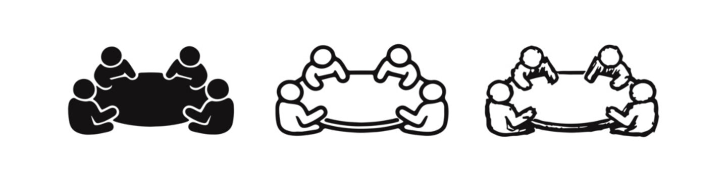 Group of people sitting around a round table icon set, illustrating meetings and team discussions.