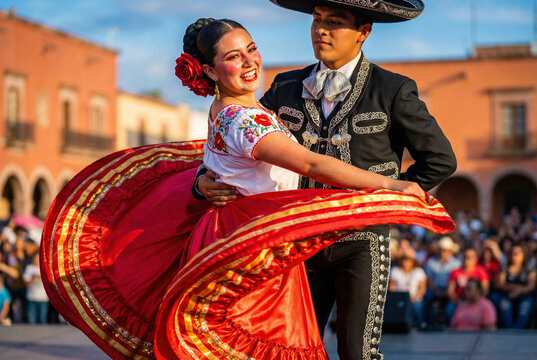 Mexican couple dancing traditional folk dance in colorful attire, concept of Cinco de Mayo  