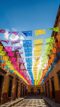 Colorful papel picado banners hanging in courtyard for Cinco de Mayo  