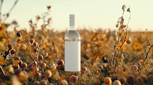 White wine bottle standing among ripe, A white shirt with a visible stain