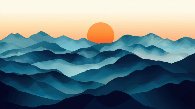 A stylized illustration of layered blue mountains receding into the distance beneath a pale orange sky with a large, glowing sun setting behind the peaks.
