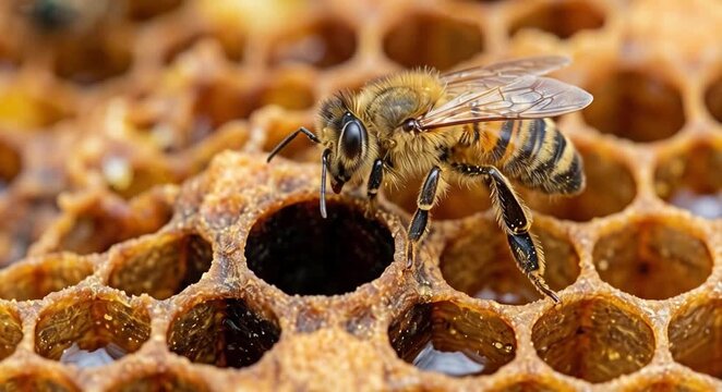 Abeja parada en un panal