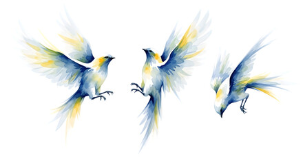 Obraz premium Three colorful parrots flying isolated on transparent background
