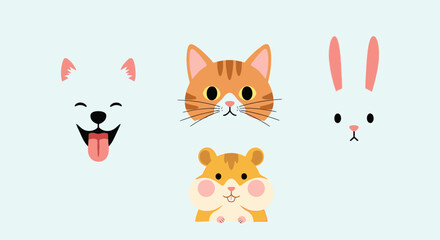 Obraz premium Cute cartoon faces of dog, cat, hamster, and rabbit in a row