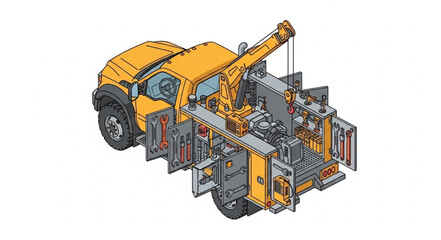 Illustration of a yellow service truck with a crane and storage compartments, depicted from an isometric perspective.