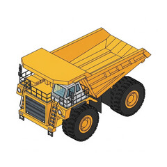 Isometric illustration of a large yellow mining dump truck on a white background. © Nubb