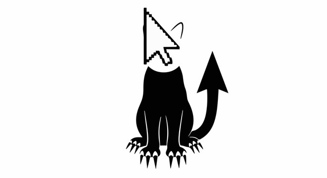 Mysterious black cat with cursor head and devil tail, symbolizing digital mischief or online danger.