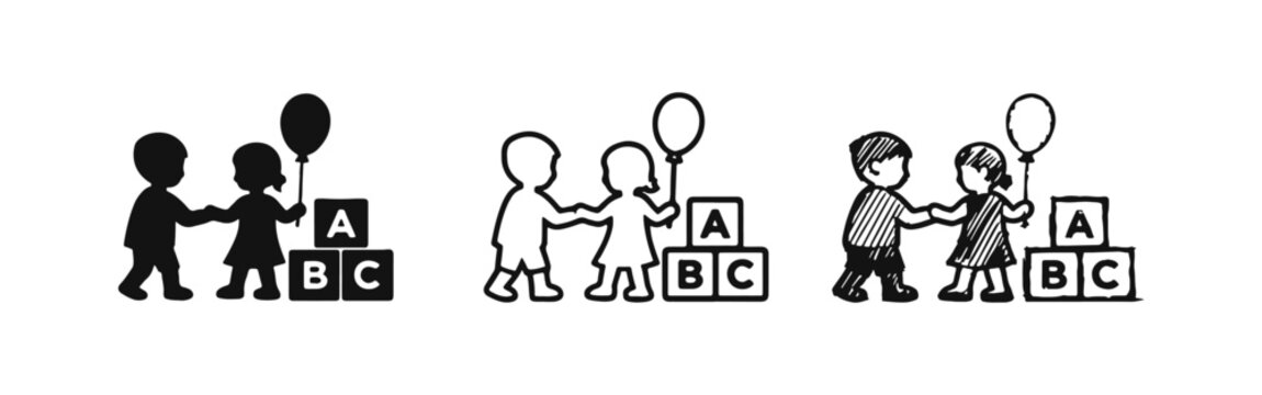 Kids with ABC Blocks and Balloon Icon Set: Solid, Outline, and Hand-Drawn Styles for Early Education