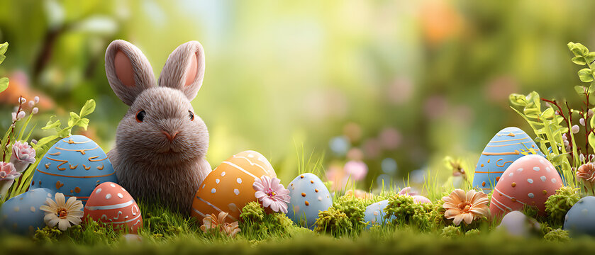 Nature landscape background Easter eggs and bunny 
