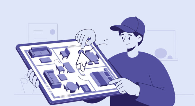 Man using digital tablet to design home interior blueprint with furniture layout