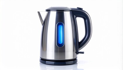 Modern electric kettle isolated on pure white background, stainless steel design, studio lighting, ultra realistic product photography, 8k resolution
