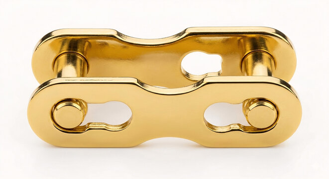 A close-up, front-view studio photograph of a single golden, polished bicycle chain master link (missing link, quick link), isolated on a white background. Shows the two pins and outer plates.
