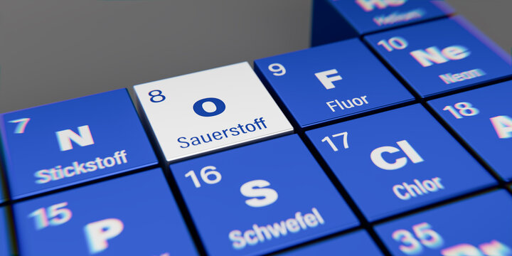 Detail view of chemical element O Oxygen (German: Sauerstoff) with atomic number 8 within the periodic table of elements in German. Dynamic dispersion effect, shallow depth of field.