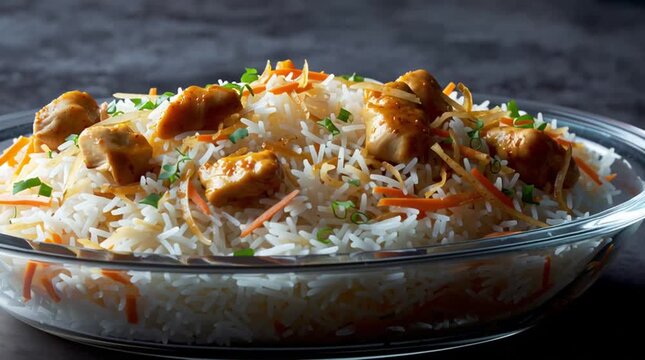Asiatisches Reisgericht mit frischen Zutaten in einer Auflaufform. Gesundes, aromatisches Essen &ndash; ideal f&uuml;r K&uuml;che, Meal-Prep, Ofengerichte und Food-Video mit Copyspace.