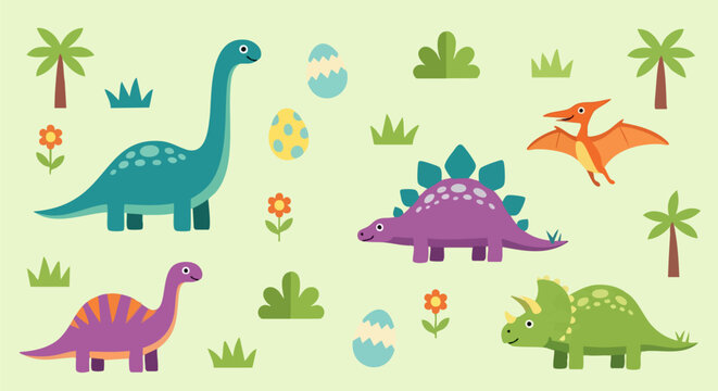 Cute Cartoon Dinosaur Vector Set with Brontosaurus, Stegosaurus, Triceratops, Pterodactyl, and Tyrannosaurus Rex for Kids' Designs and Educational Content