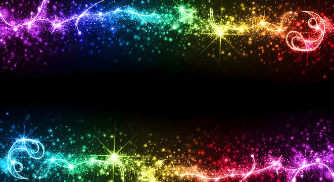 Vibrant rainbow colored sparkles and swirls on a black background with glittering effect