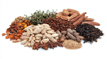 A diverse selection of aromatic spices and herbs are carefully arranged on a pristine white background, showcasing their vibrant colors and textures for culinary use.