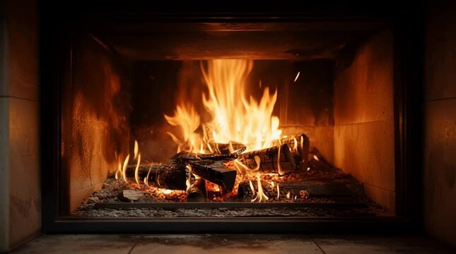 Kaminfeuer mit lodernden Flammen und Holzscheiten, warme, gem&uuml;tliche Atmosph&auml;re im Wohnzimmer, Entspannung und Behaglichkeit mit Copyspace
