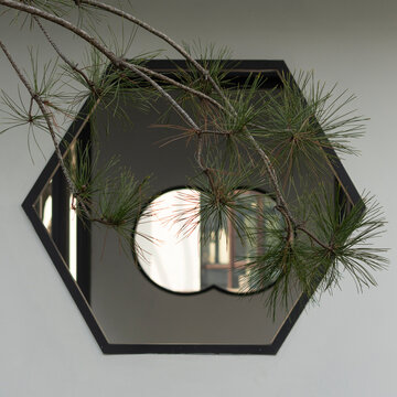 Traditional Chinese hexagonal window with a pine tree branch, showcasing classic garden architecture and Zen aesthetic