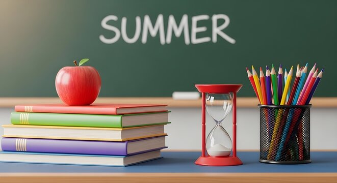 Summer classroom setup with books, apple, hourglass, and pencils on desk