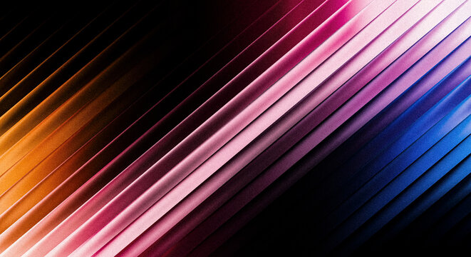 Abstract diagonal light streaks pattern with vibrant gradient from orange through pink to blue on black background