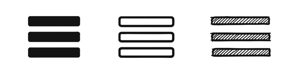 Obraz premium Horizontal List Menu Icons Set in Solid, Outline, and Hand-Drawn Doodle Styles
