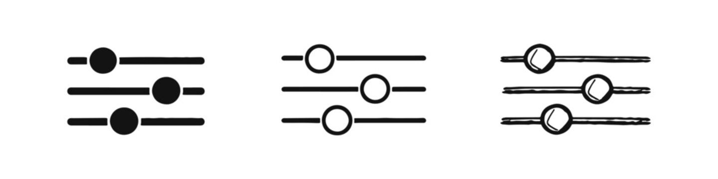 Sliders and Equalizer Control Icons Set in Solid, Outline, and Hand-Drawn Doodle Styles