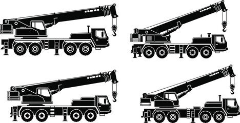 Four types of mobile crane trucks in black and white illustration © SHARIFUL