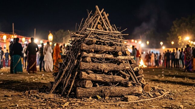 Stack of logs arranged in a conical shape for Holika Dahan celebration  