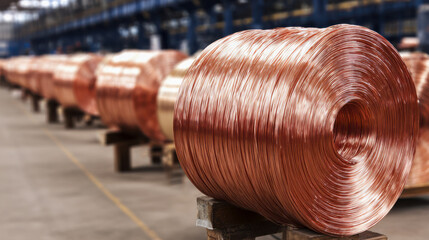 Copper wire coils in industrial manufacturing warehouse