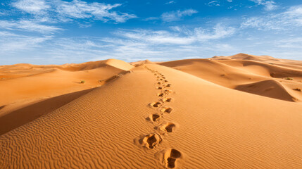Footprints leading up desert sand dunes under blue sky