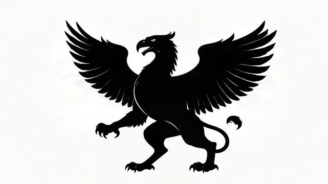 A silhouetted griffin with spread wings, composed of a bird and lion. Black on white