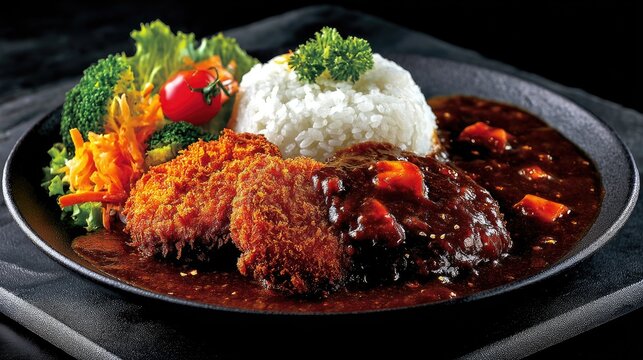 Delicious crispy fried chicken cutlet with rich sauce, served with steamed white rice and fresh vegetables on a black plate in a restaurant setting