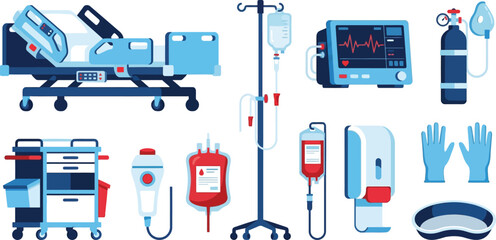 Hospital inpatient care equipment icons with hospital bed IV drip vital signs monitor in sky blue navy red for medical illustration design © Madhuka Disanayaka