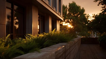 Obraz premium Lush green ferns on a modern building balcony bathed in warm golden sunset light