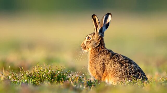A wild hare sits in a field, alert with eyes forward, in a warm golden-green environment
