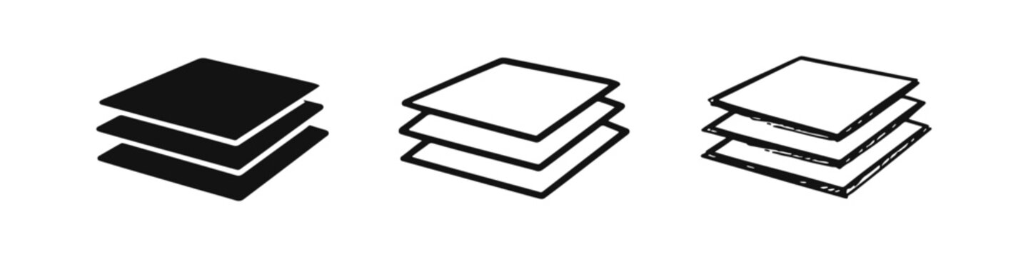 Layers icon set. Stack of papers or multiple items symbol. Solid, outline, and doodle style design elements.