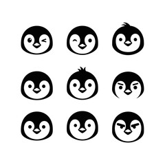 Head Penguin mascot logo collection in minimal flat silhouette style, clean black vector design for nursery, kids branding and winter themes.